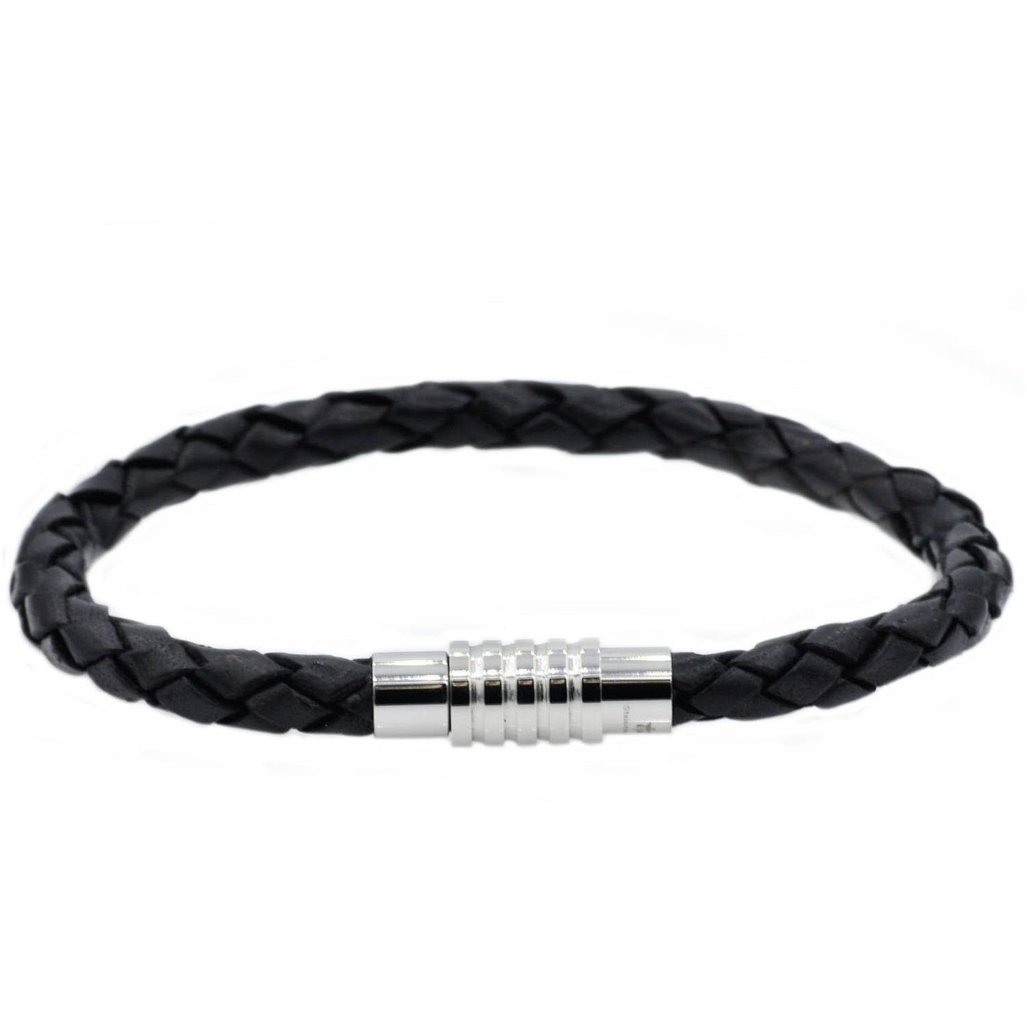 Men's Genuine Black Leather Stainless Steel Basic Bracelet, 8.25"