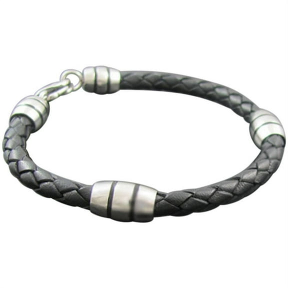 Men's Genuine Black Leather and Stainless Steel Double-Stripe Bead Bracelet, 8.50"