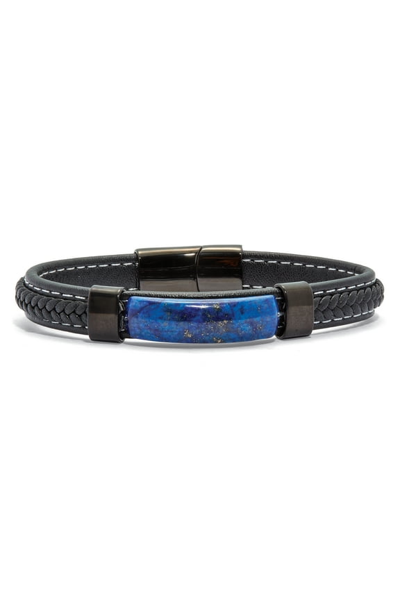 Men's Genuine Blue Lapis Black Ruthenium-Plated Braided Leather Bracelet 9-inch