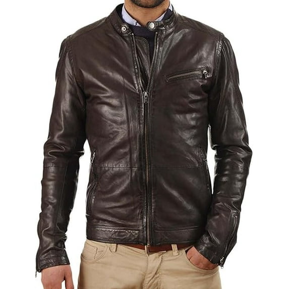 Men's Genuine Brown Lambskin Leather Jacket Slim fit Biker Motorcycle jacket A544