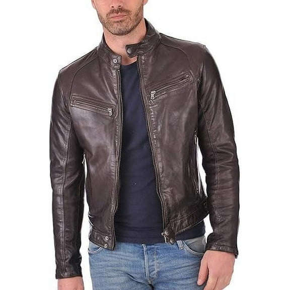 Men's Genuine Brown Lambskin Leather Jacket Slim fit Motorcycle jacket A481