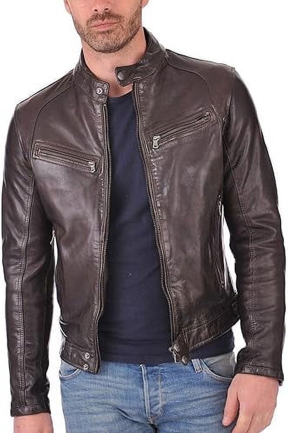 Men's Genuine Brown Lambskin Leather Jacket Slim fit Motorcycle jacket A481