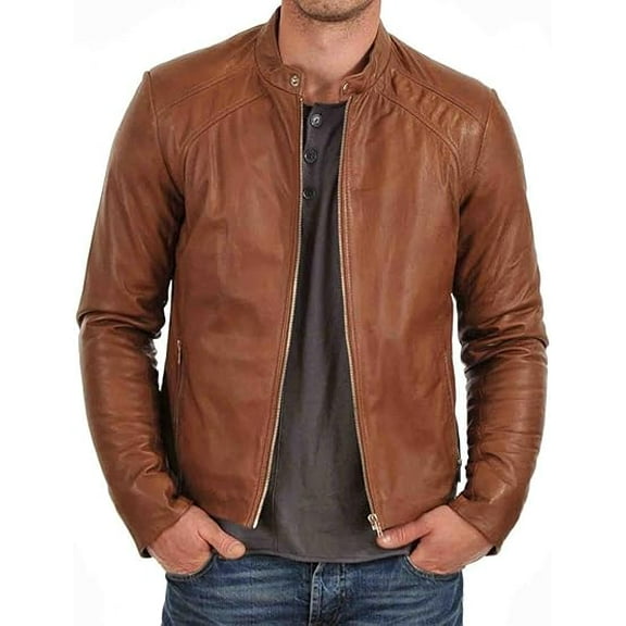 Men's Genuine Brown Lambskin Leather Jacket Slim fit Motorcycle jacket A615