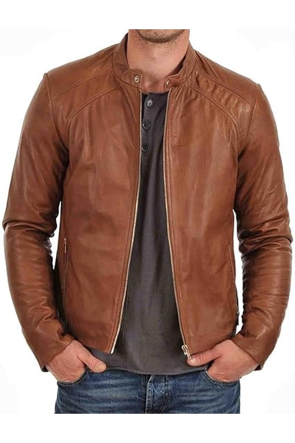 Men's Genuine Brown Lambskin Leather Jacket Slim fit Motorcycle jacket A615