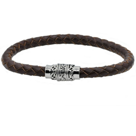 Men's Genuine Brown Leather Stainless Steel Celtic Design Bracelet, 8.35"
