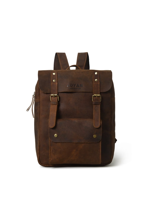 Generic Men’s Genuine Cowhide Leather Backpack with Laptop Compartment, Multi-Pocket Design, Adjustable Straps, Brown Color, 12"L x 15"H x 4"W
