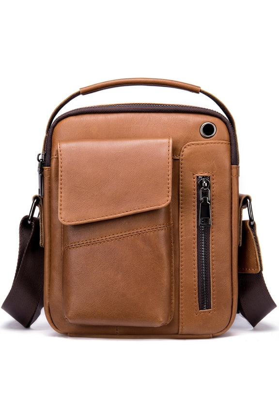 Men’s Genuine Cowhide Leather Crossbody Shoulder Bag Small Messenger Travel Purse with Multi-Pockets