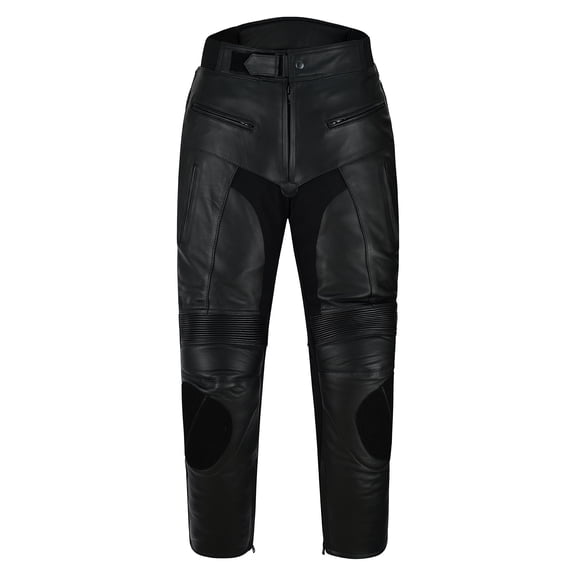 Mens Genuine Cowhide Leather Motorcycle Pants with Stretch Cordura Panels, Air Vent System, Adjustable Knee & Thigh Armor Pockets, Zipper Leg Openings Black Size 38W-30L Inseam