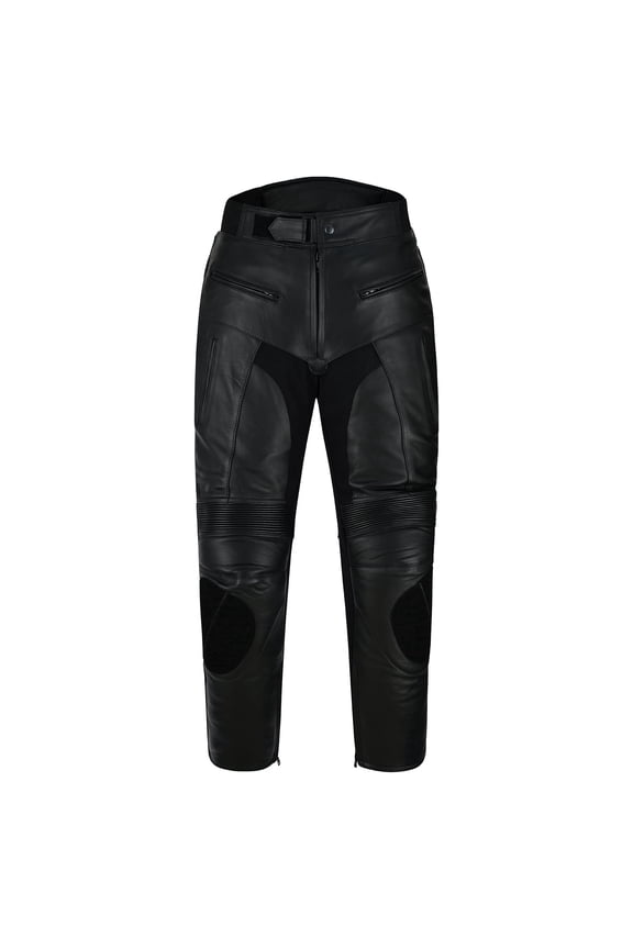 Men’s Genuine Cowhide Leather Motorcycle Pants with Stretch Cordura Panels, Air Vent System, Adjustable Knee & Thigh Armor Pockets, Zipper Leg Openings Black Size 30W-30L Inseam