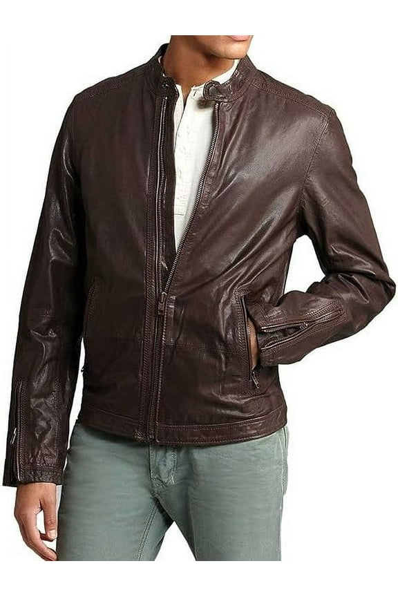 Men's Genuine Lambskin Brown Leather Jacket Biker Soft Stylish Motorcycle Jacket A681