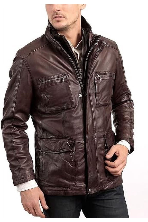 Men's Genuine Lambskin Brown Leather Jacket Slim fit Moto Biker jacket A355