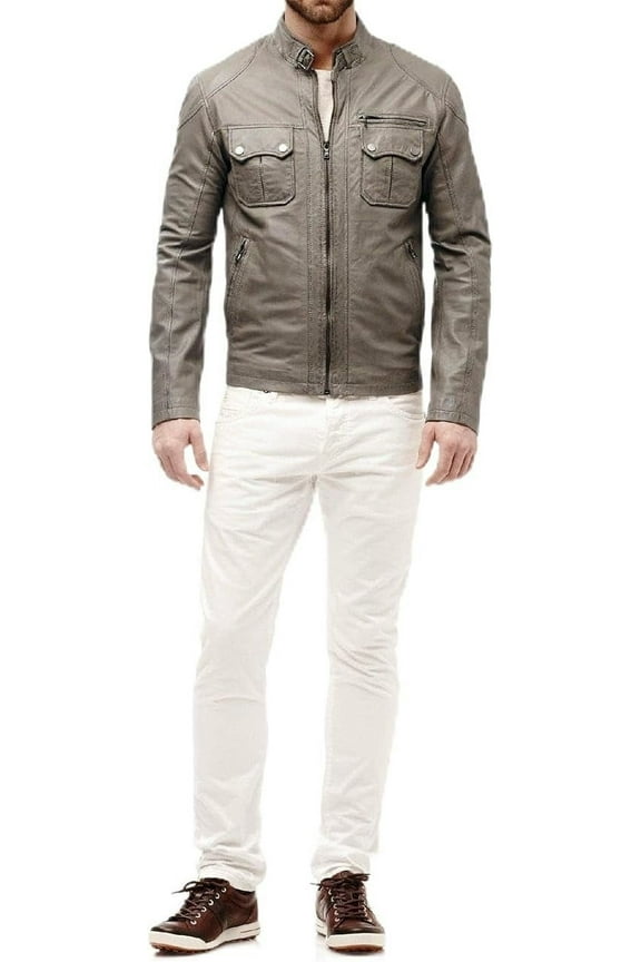 Men's Genuine Lambskin Gray Leather Jacket Slim fit Moto Biker jacket A657