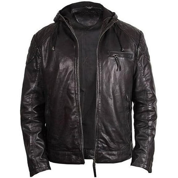 Men's Genuine Lambskin Hooded Leather Jacket Motorcycle Biker Jacket A323