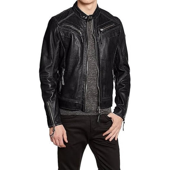 Men's Genuine Lambskin Leather Black Jacket Biker Soft Stylish Motorcycle Jacket A466