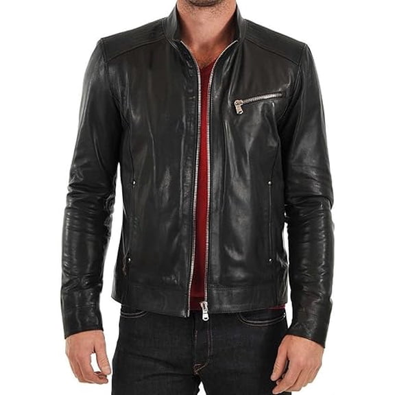 Men's Genuine Lambskin Leather Black Jacket Slim fit Motorcycle jacket A496