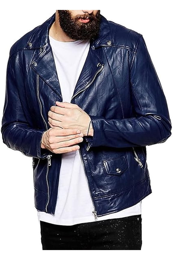 Men's Genuine Lambskin Leather Blue Jacket Slim fit Motorcycle jacket A525