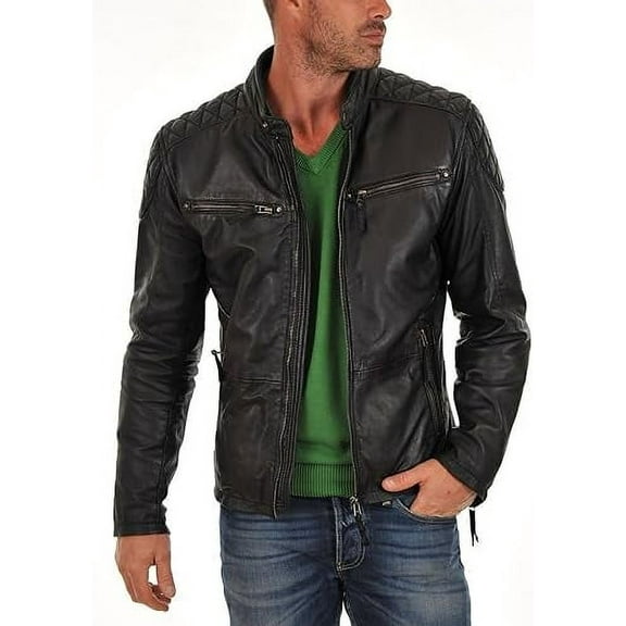 Men's Genuine Lambskin Leather Jacket Biker Soft Stylish Black Motorcycle Jacket A480