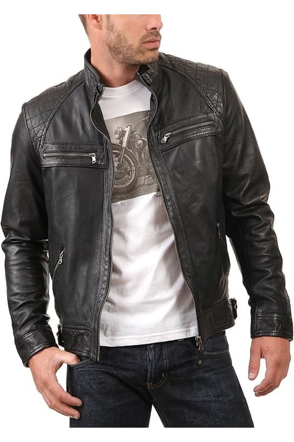 Men's Genuine Lambskin Leather Jacket Biker Soft Stylish Black Motorcycle Jacket A954