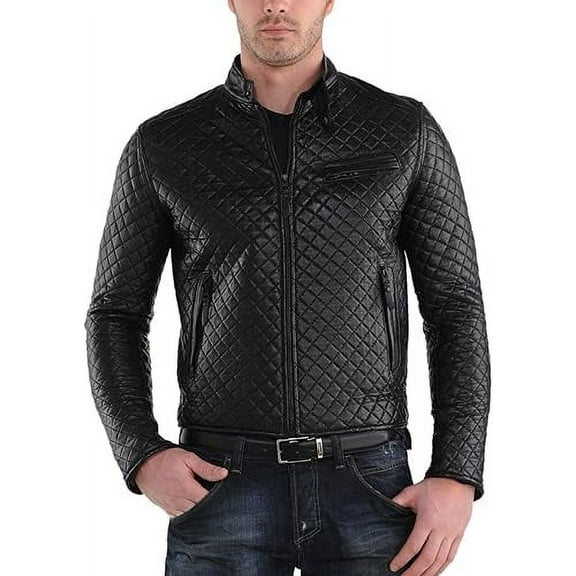 Men's Genuine Lambskin Leather Jacket Biker Soft Stylish Black Quilted Motorcycle Jacket A856