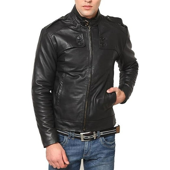 Men's Genuine Lambskin Leather Jacket Motorcycle Biker Zipper Jacket A021