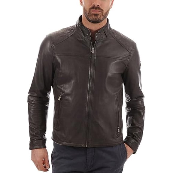 Men's Genuine Lambskin Leather Jacket Motorcycle Brown Biker Jacket A390