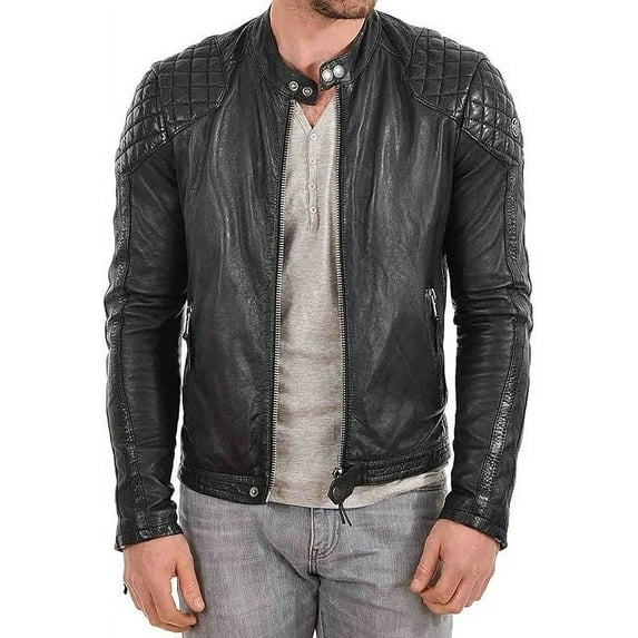 Men's Genuine Lambskin Leather Jacket Slim fit Biker Motorcycle Black jacket A859
