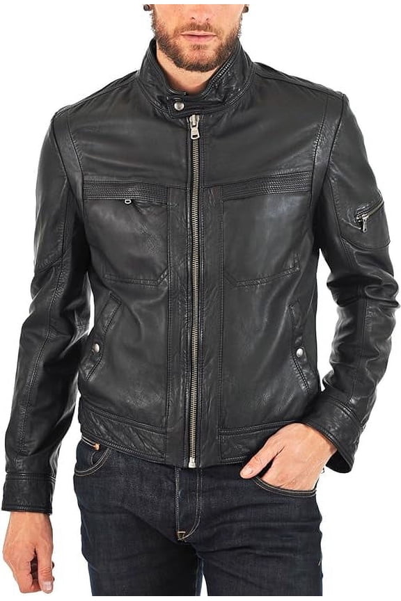 Men's Genuine Lambskin Leather Jacket Slim fit Biker Motorcycle jacket A079