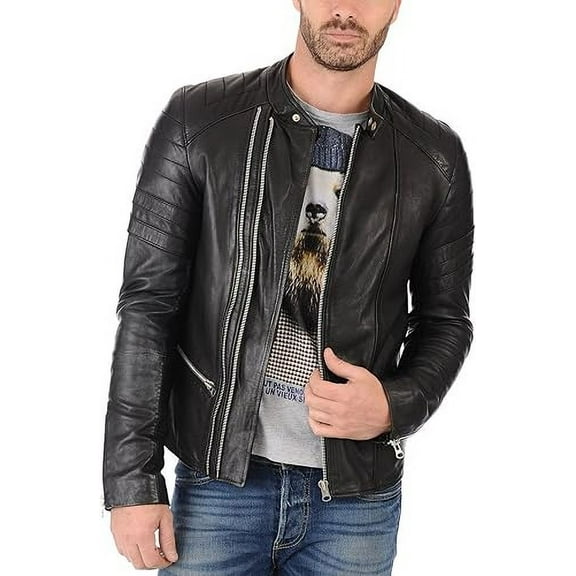 Men's Genuine Lambskin Leather Jacket Slim fit Moto Biker jacket A349