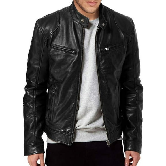 Men's Genuine Lambskin Leather Jacket Slim fit Motorcycle jacket A055