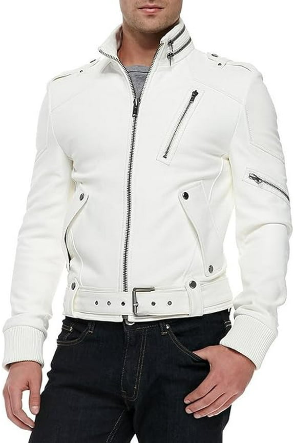 Men's Genuine Lambskin Leather White Jacket Slim fit Moto Biker jacket A469