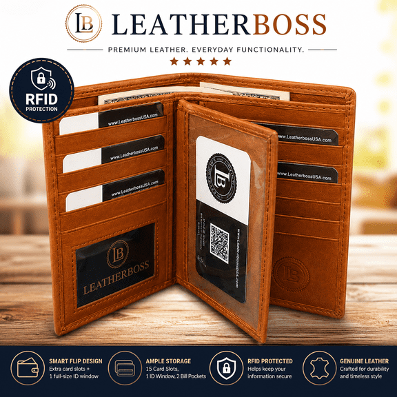Men's Genuine Leather Bifold Hipster Wallet - RFID Blocking Credit Card and ID Holder