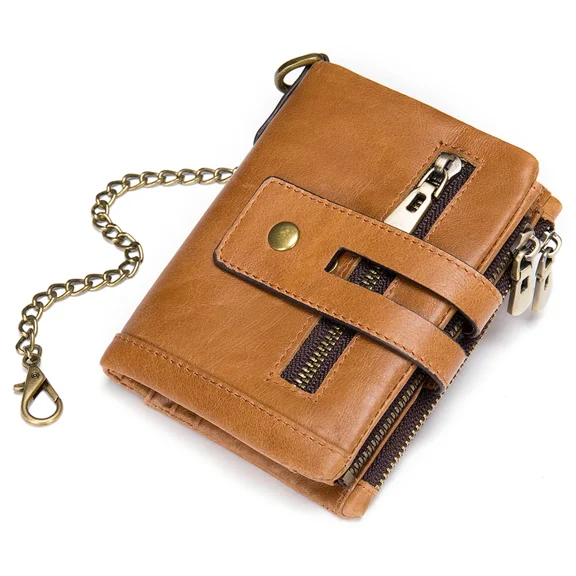 Men’s Genuine Leather Bifold Wallet with Coin Purse, Anti-Theft Chain & RFID Blocking – Multi-Card Holder with Photo ID Window, Secure Closure & Stylish Design