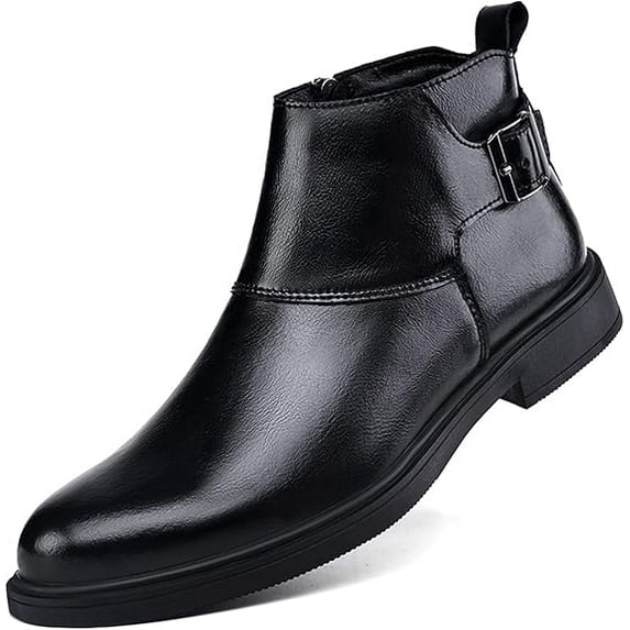 Men's Genuine Leather Buckle Dress Chelsea Boots with Side Zipper Fashion Pointed Toe Waterproof Non-Slip Casual Business Formal Booties