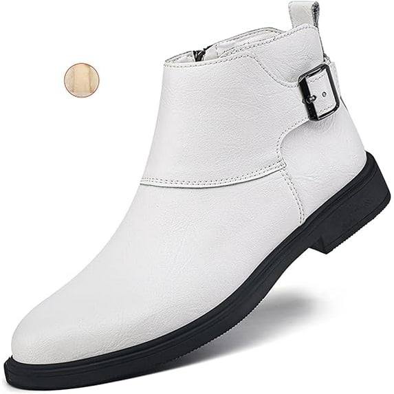 Men's Genuine Leather Buckle Dress Chelsea Boots with Side Zipper Fashion Pointed Toe Waterproof Non-Slip Casual Business Formal Booties