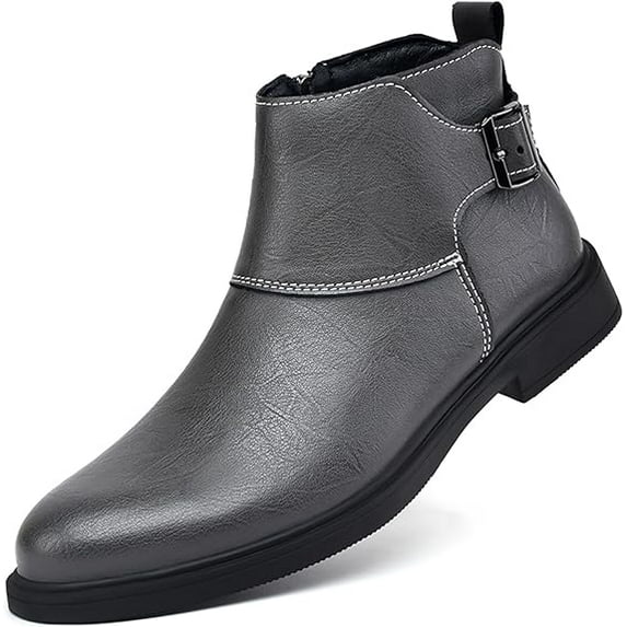 Men's Genuine Leather Buckle Dress Chelsea Boots with Side Zipper Fashion Pointed Toe Waterproof Non-Slip Casual Business Formal Booties