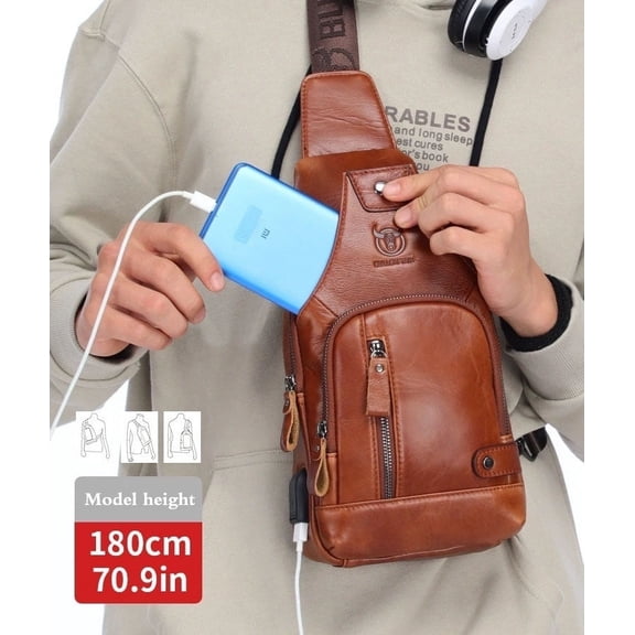 Men's Genuine Leather Chest Bag; Versatile Single Shoulder Bag; Brown