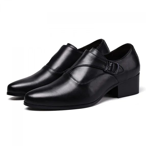 Men's Genuine Leather Chunky Heel Monk Strap Dress Loafers Fashion Classic Pointed Toe Low Top High Heel Slip On Chelsea Casual Business Formal Shoes