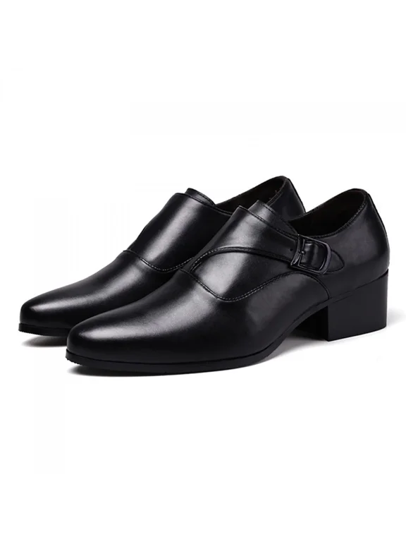 Men's Genuine Leather Chunky Heel Monk Strap Dress Loafers Fashion Classic Pointed Toe Low Top High Heel Slip On Chelsea Casual Business Formal Shoes