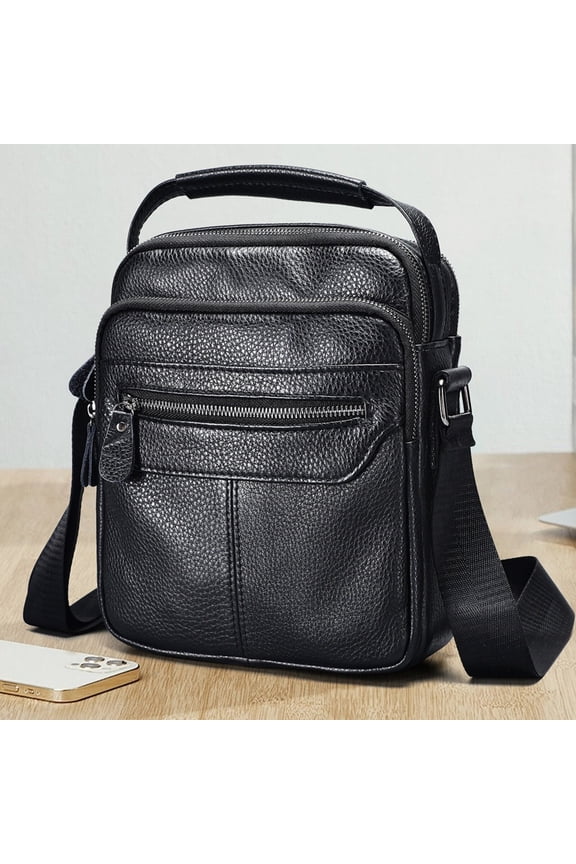 Mens Genuine Leather Crossbody Shoulder Bag, Black Messenger Bag with Multiple Zipper Pockets, Adjustable Strap, Fits 9.7-Inch Tablet