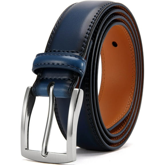 Men's Genuine Leather Dress Belt, Casual Suit Jeans Belt - Single Tip Buckle Blue Fashion Belt