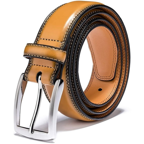 Men's Genuine Leather Dress Belt with Classic Fashion Design for Work Business and Casual (esTan, 32)