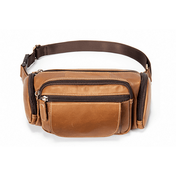 Men’s Genuine Leather Fanny Pack Multi-Pocket Waist Bag with Adjustable Strap and Metal Zipper – Oil Coffee, Dark Coffee, Brown
