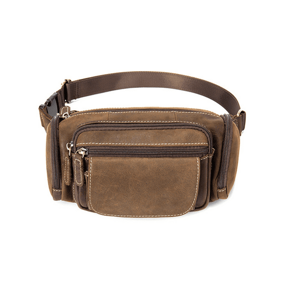 Men’s Genuine Leather Fanny Pack Multi-Pocket Waist Bag with Adjustable Strap and Metal Zipper – Oil Coffee, Dark Coffee, Brown