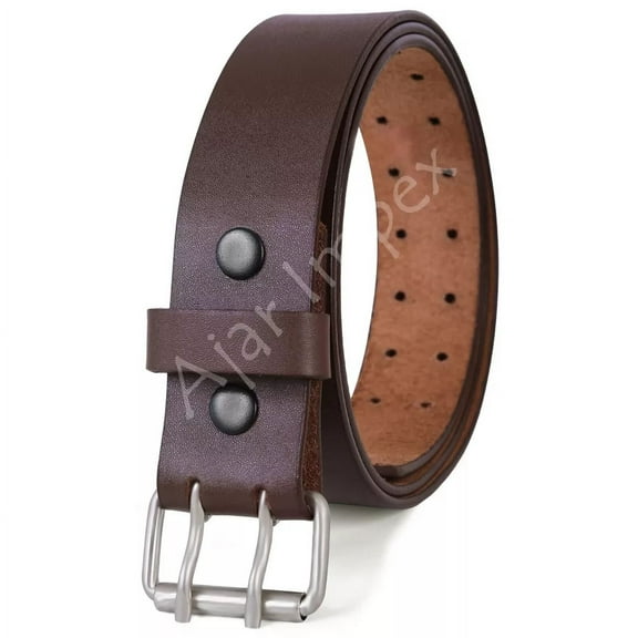 Men's Genuine Leather Gun Holster Work Belt, Double Pin Silver Buckle, 1.75" Wide, Heavy Duty Belt for Casual, Outdoor and Work Use