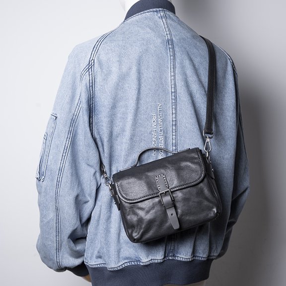 Men's Genuine Leather Handmade Retro Shoulder Bag,Black