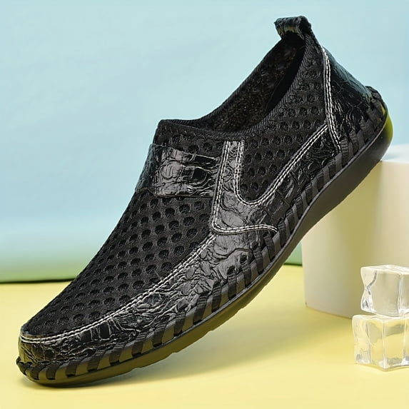 Men's Genuine Leather Mesh Loafers Wide Fit Breathable Slip-On Casual Shoes with Soft Non-Slip Sole for Walking Driving Travel and Everyday Comfort