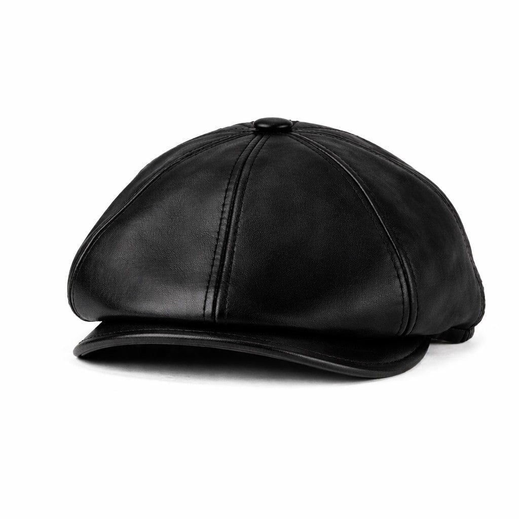 Men’s Genuine Leather Newsboy Cap – Black Ivy Flat Cap, Classic Cabbie Gatsby Black Hat