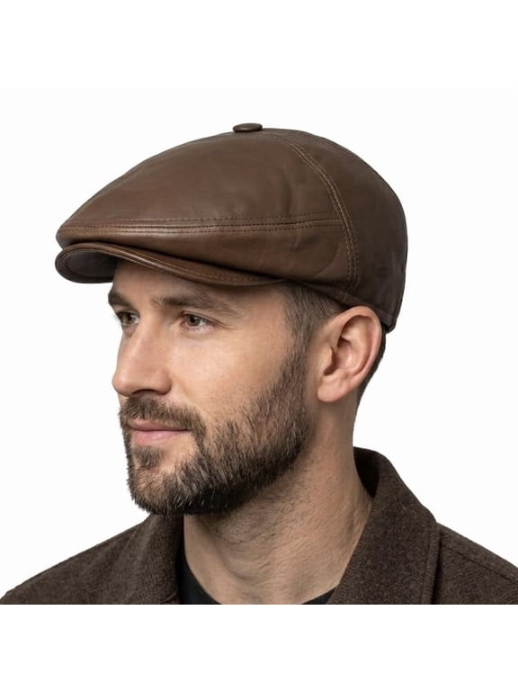 Men's Genuine Leather Newsboy Cap – Premium Lambskin Leather Ivy Flat Cap, Handmade Classic Cabbie Hat for Men (US, Alpha, Medium, Brown)