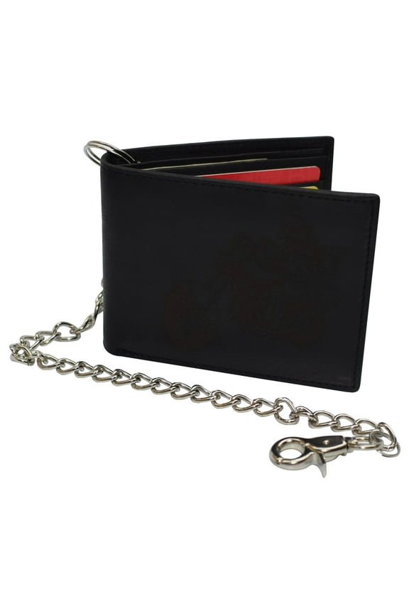 Men's Genuine Leather RFID Blocking Bifold Chain Logo Wallets Black, Biker Wallet for Men