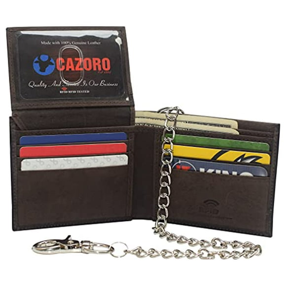 Men's Genuine Leather RFID Blocking Chain Biker Bifold Flap Up ID Wallet